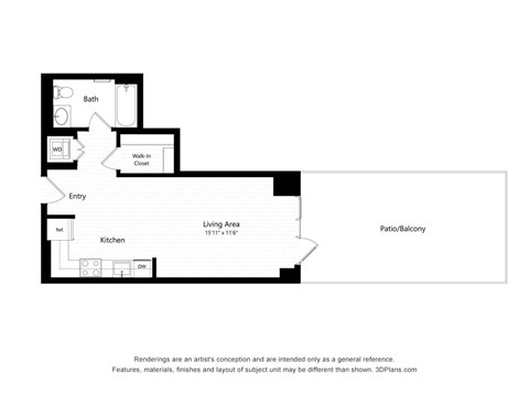 Floor plan for studio, 1 bath, 496 sqft